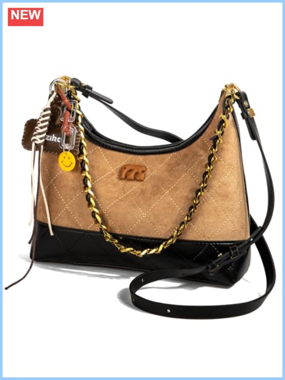 Retro Faux Suede Tote Bag Soft Touch Shoulder Handbag Quilted Leather Bear Charm